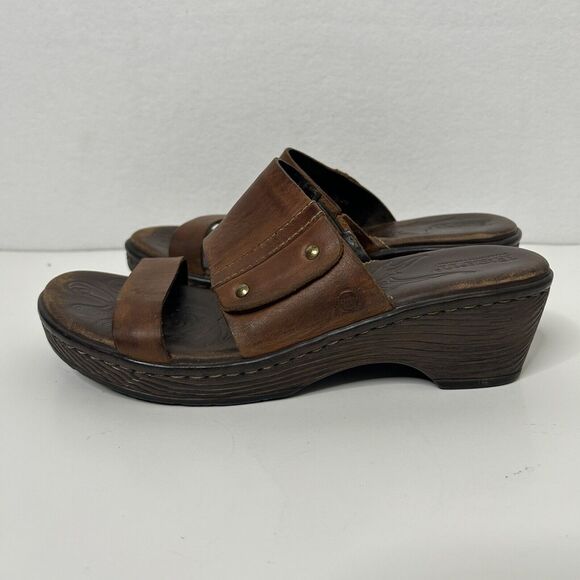 Born Brown Strappy Peep Toe Wedge Slip On Mules Sandals Size 8 EU 39 - Picture 4 of 8